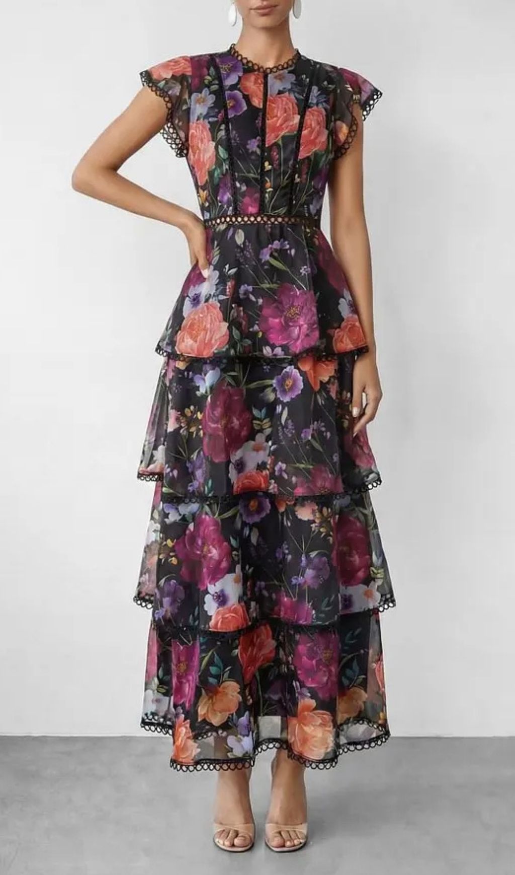 Black Floral Print Tiered Ruffle Maxi Dress