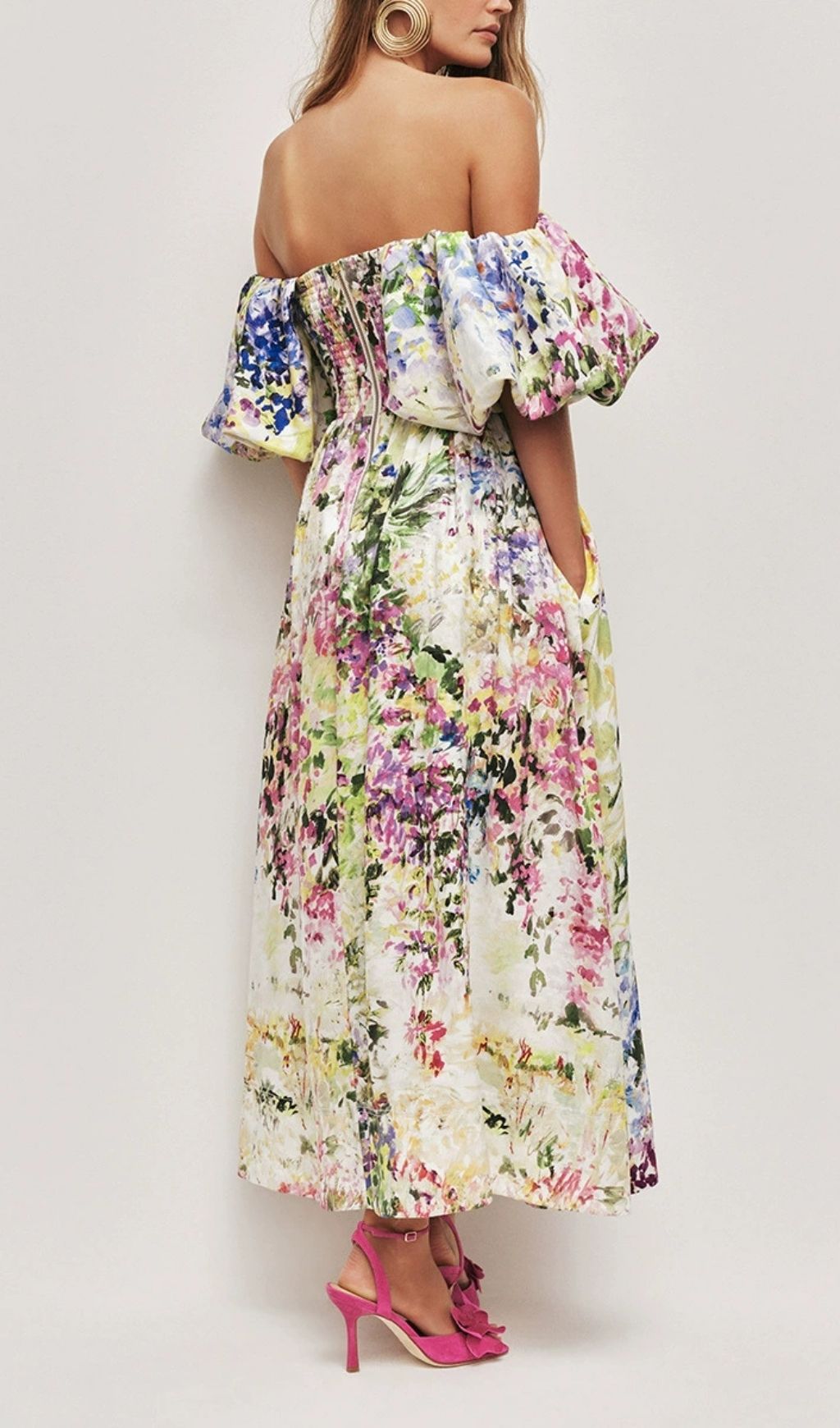 Fashionslee Women Madonna Puff-Sleeve Printed Maxi Dress