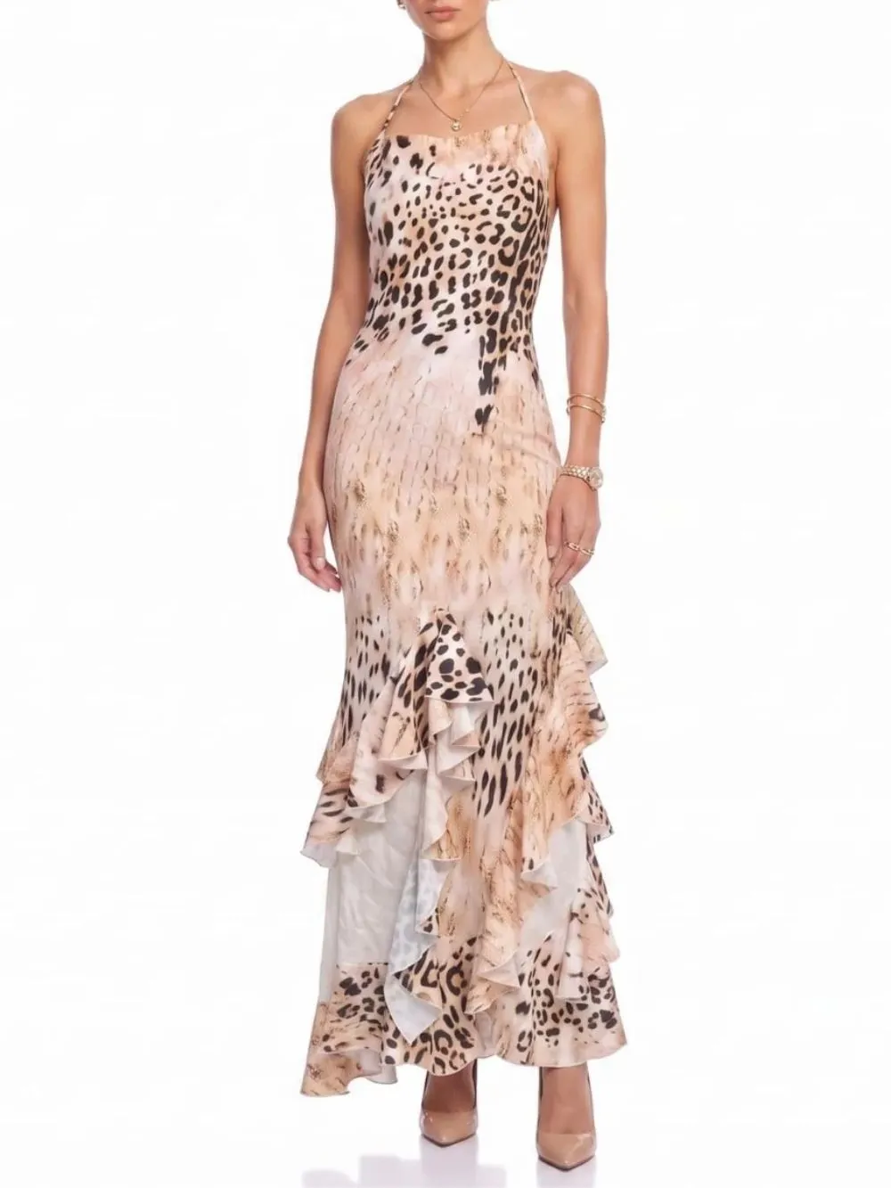 Sylvaren Halterneck Leopard Ruffle Maxi Dress