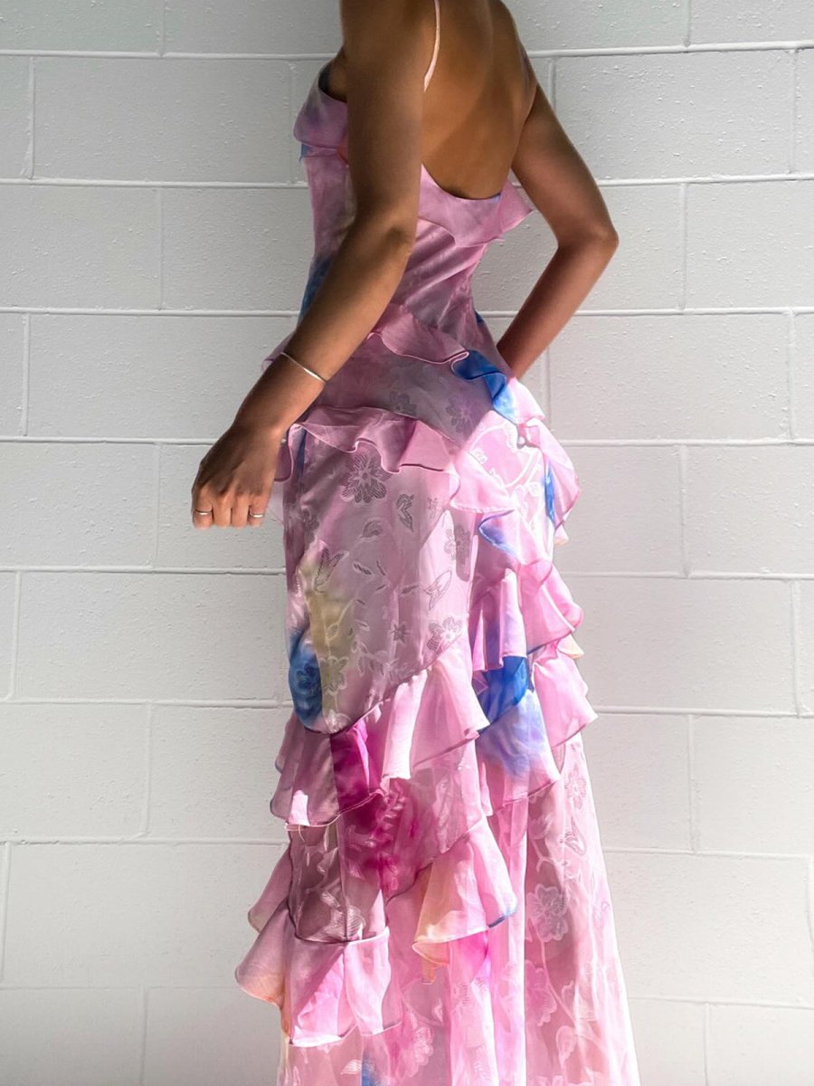 Floral Printed Spaghetti Straps Maxi Dress With Ruffles - OWNCI