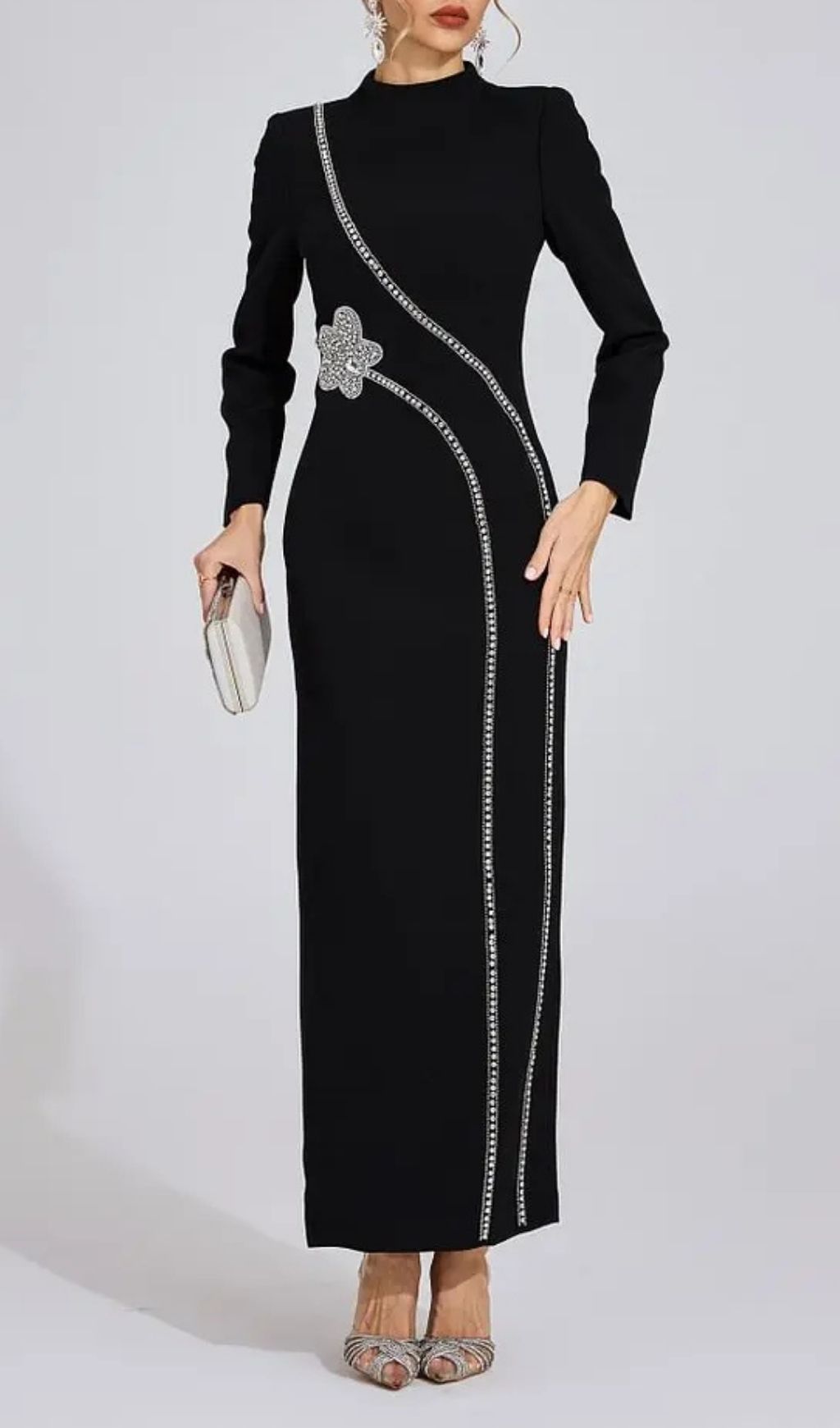 Nicola Diamond Embellished Long Sleeve Maxi Dress - Black