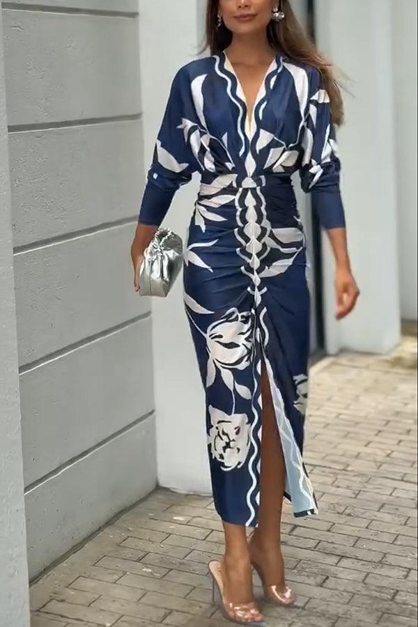 Unique Print Dolman Long Sleeve Ruched Slit Midi Dress - OWNCI Unique Print Dolman Long Sleeve Ruched Slit Midi Dress - OWNCI