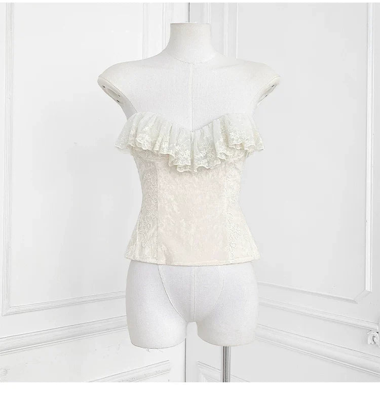 83cea9adfe248c0ea56d2acebae390cd Strapless Ruffle Lace Trim Velvet Jacquard Corset Top