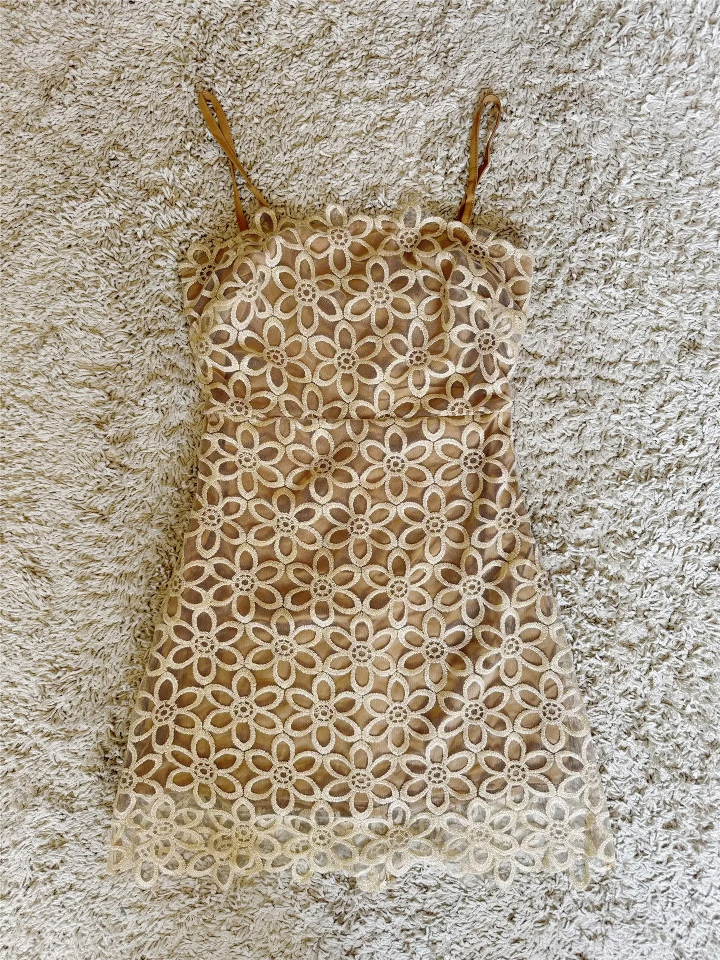 Gold Thread Floral Mesh Cut-Out Embroidery Waist Camisole Dress