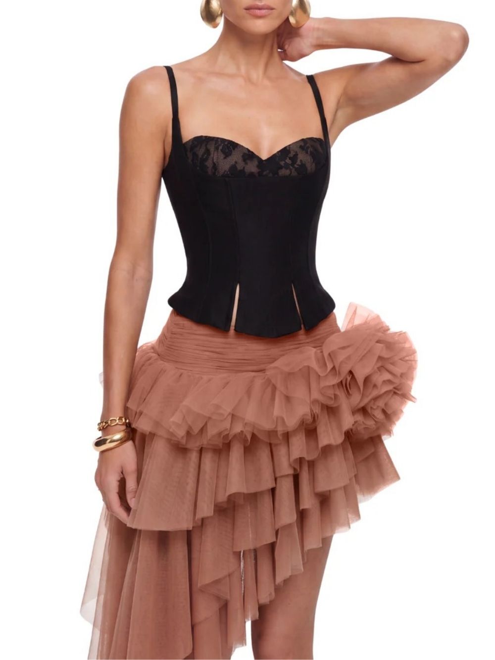 84343f7e158d7f0758c21ea30bd6f2d6 Tyveron Asymmetric Flower Skirt Set In Apricot