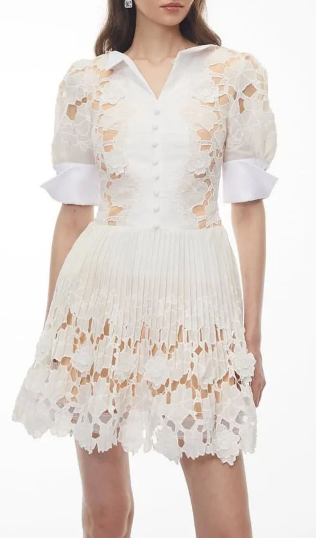 849efe9cca4fe896357ed7cd60b62b02 Selena White Floral Appliqué Mini Dress With Cut-Outs