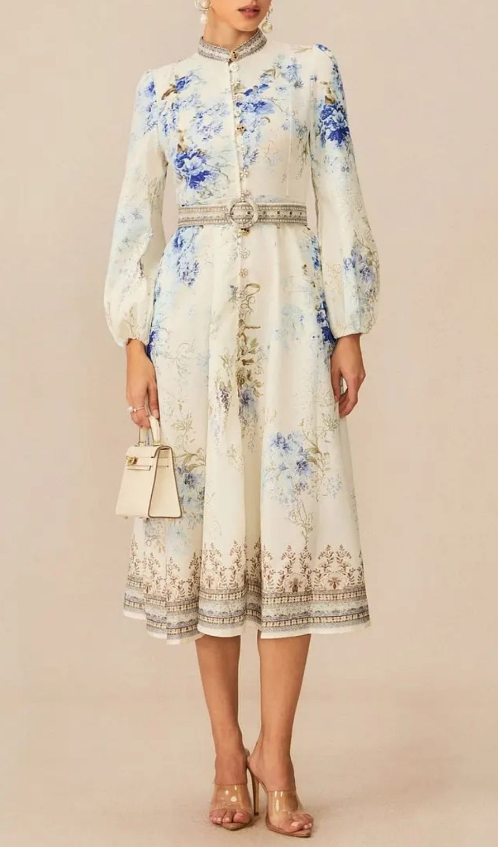 White Floral Print Midi Dress