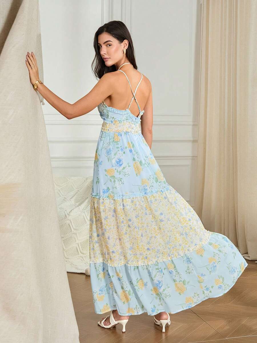 Floral Print Cami backless V Neck A Line Maxi Dress - Blue