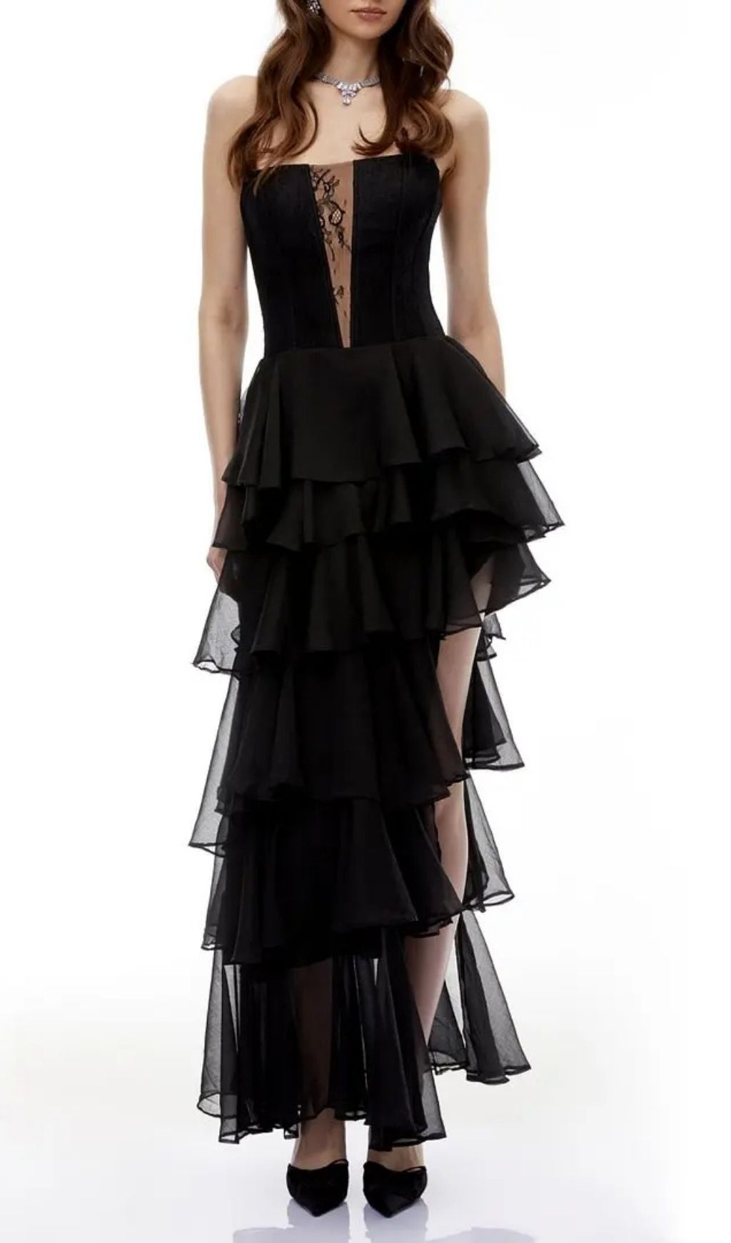Sophia Cut-Out Tulle Layer Strapless Maxi Dress In Black