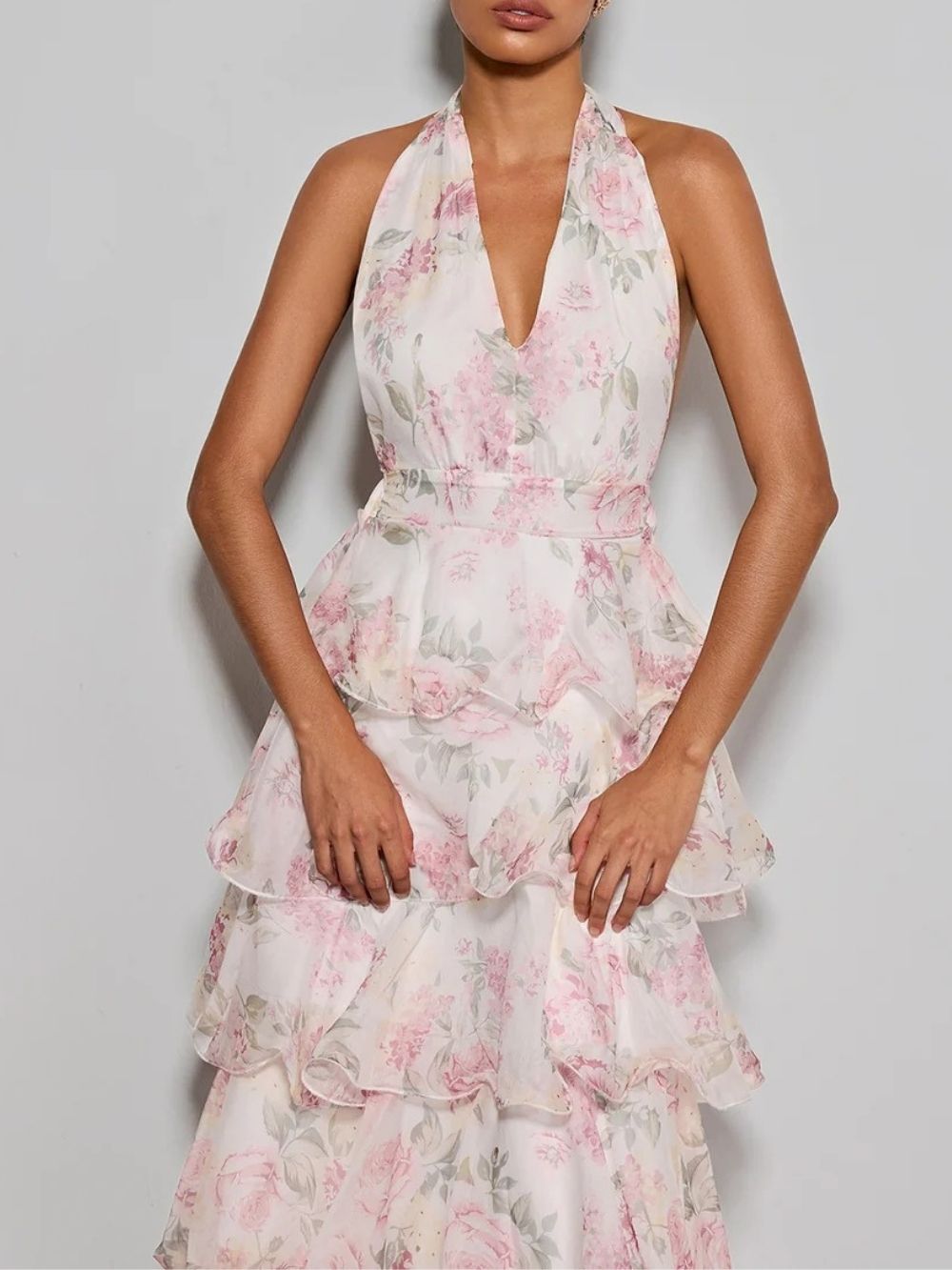Errin Halterneck Ruffle Tiered Floral Maxi Dress - OWNCI