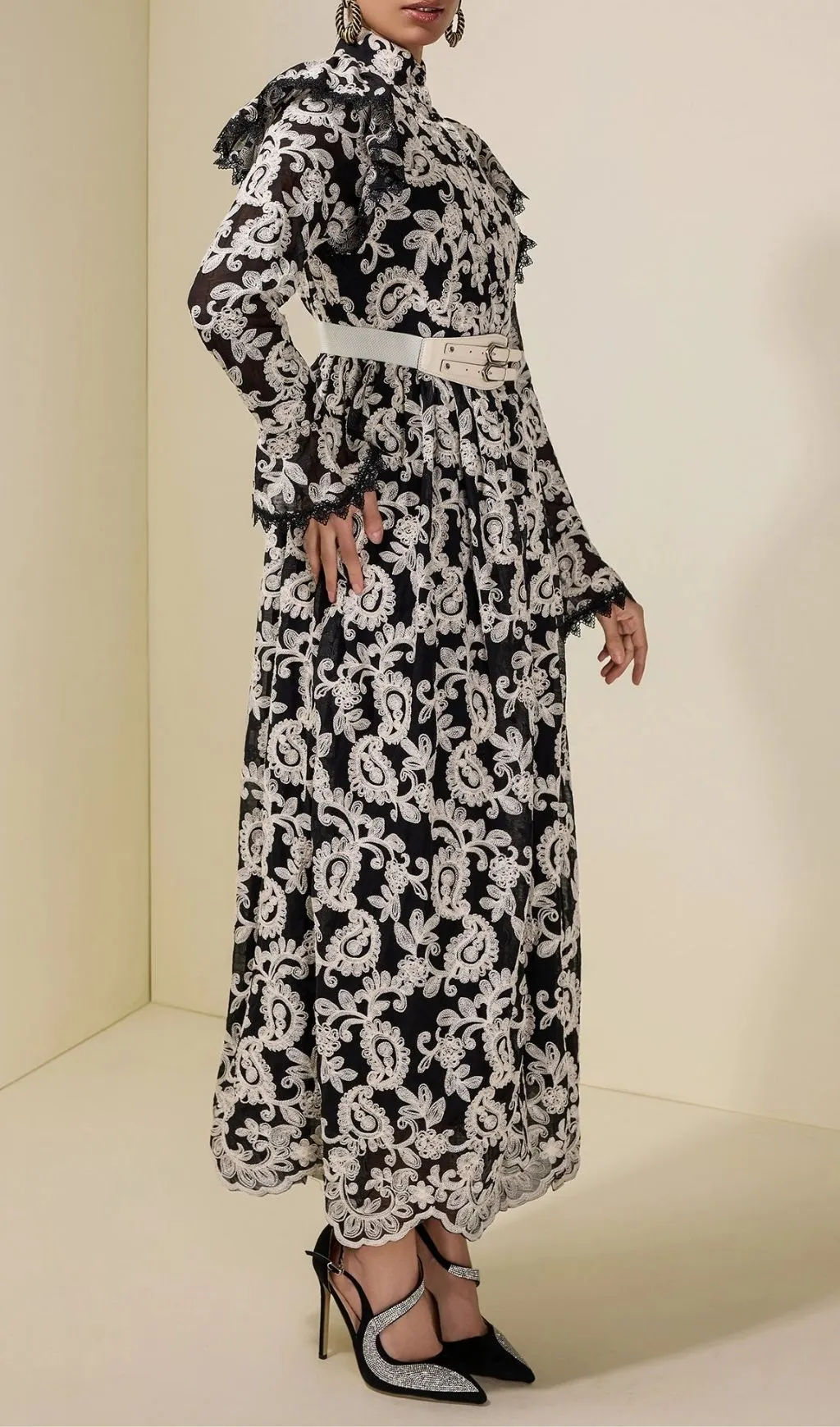 853d7fd1a07510c201984662ad0d3798 Alma Chiffon Embroidered Single Breasted Midi Dress With Belt - Black