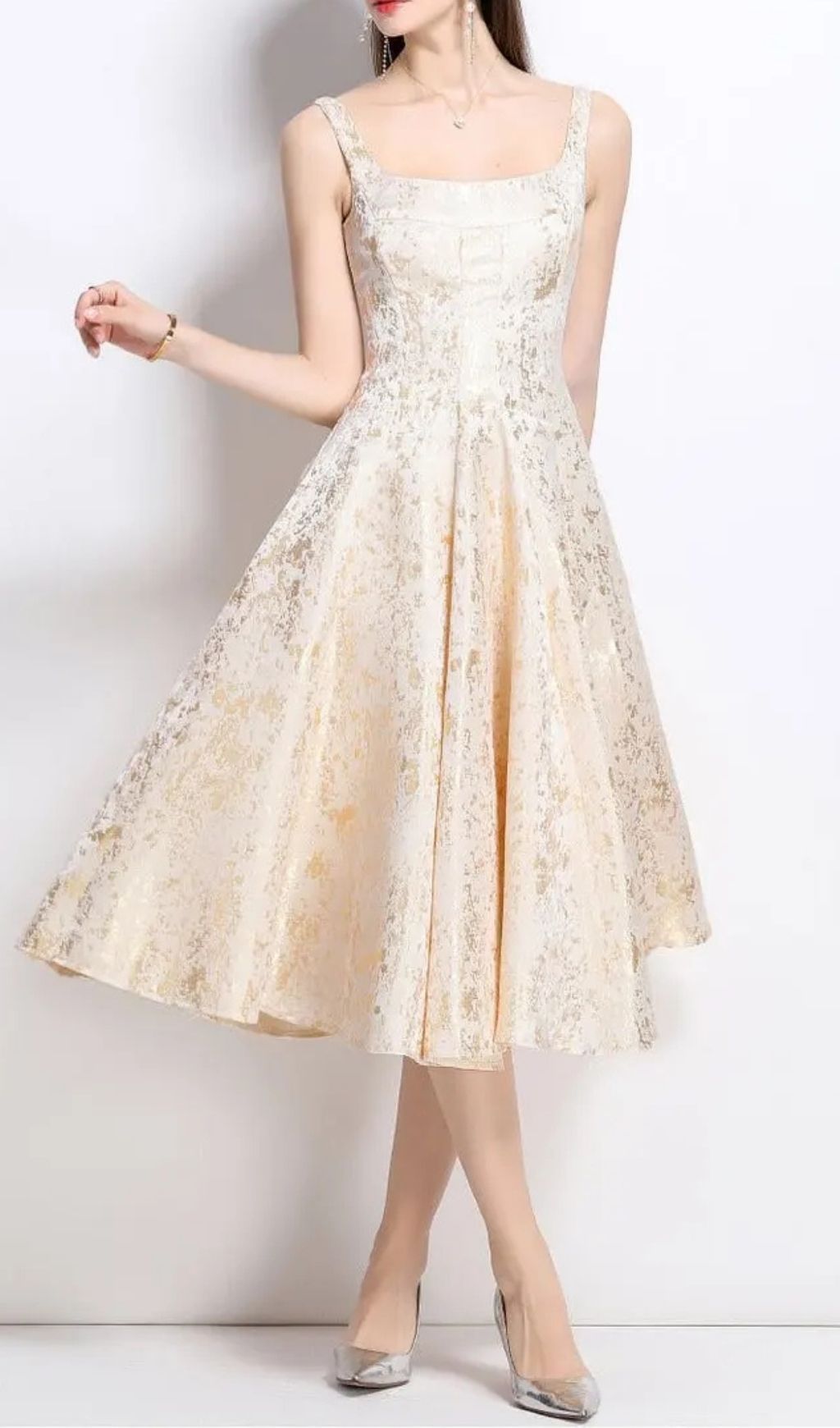 85656f4d0a46dc2218d11f875e5a06cd Vanessa A-Line Jacquard Midi Dress - Apricot