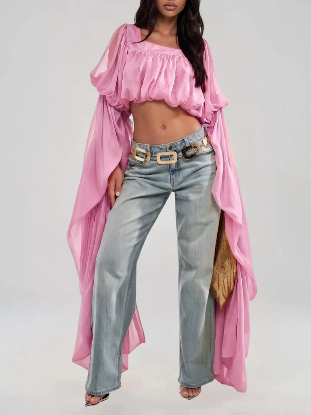 Jorvik Cape Sleeve Crop Top In Pink - OWNCI