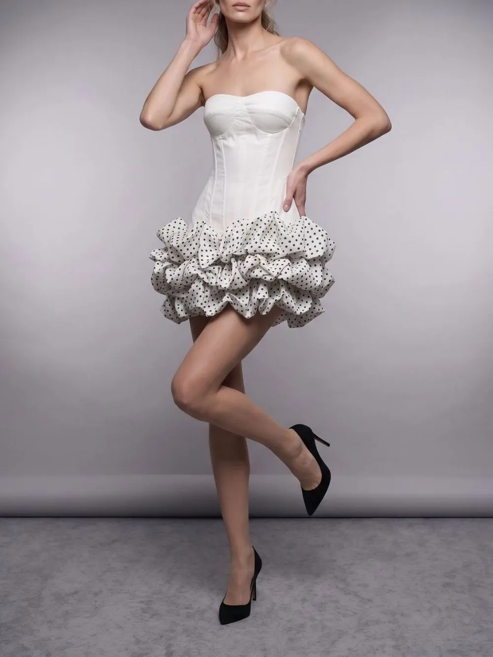 Maleni White Strapless Bustier Polka Dot Bubble Dress - OWNCI Maleni White Strapless Bustier Polka Dot Bubble Dress - OWNCI