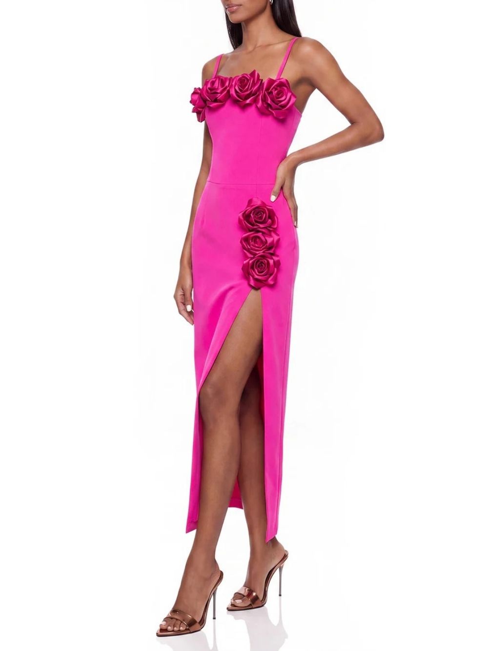 Maiara Pink Flower Embellished Midi Dress - OWNCI Maiara Pink Flower Embellished Midi Dress - OWNCI