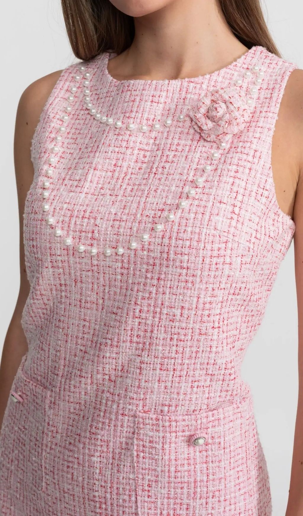 8633502f150a04651c38451c6de0b97b Laurel Pink Flower Sleeveless Tweed Mini Dress With Pearl Trim