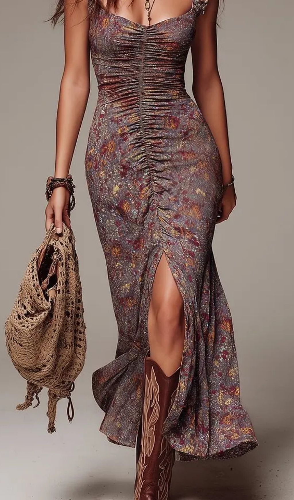 867f9e31fa9d94cf89be33b80b9af4b4.jpg Fashionslee Women Grayish-purple Pleated Floral Print Slit Maxi Dress
