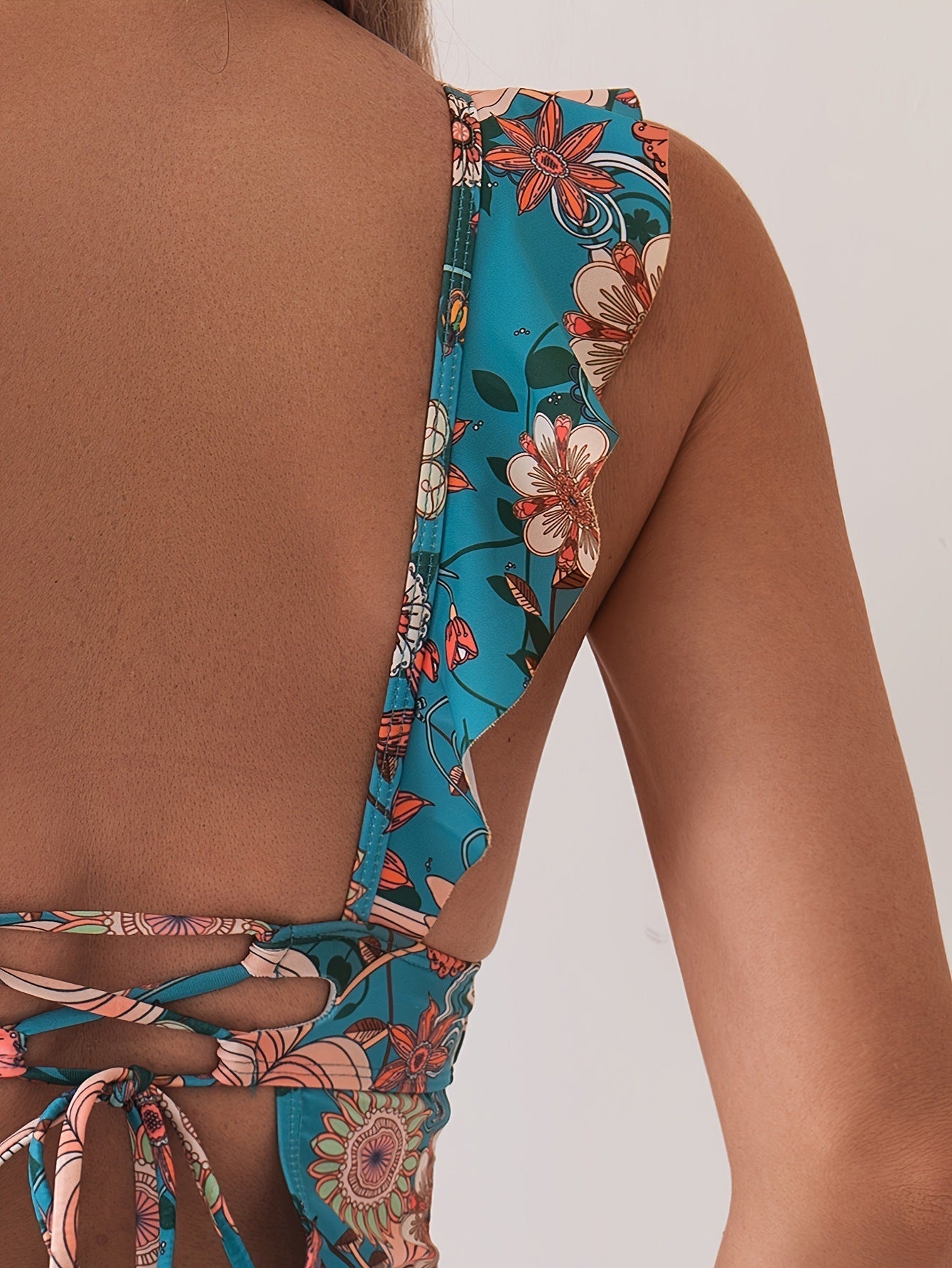 V-Neck Floral Print Ruffle Bikini