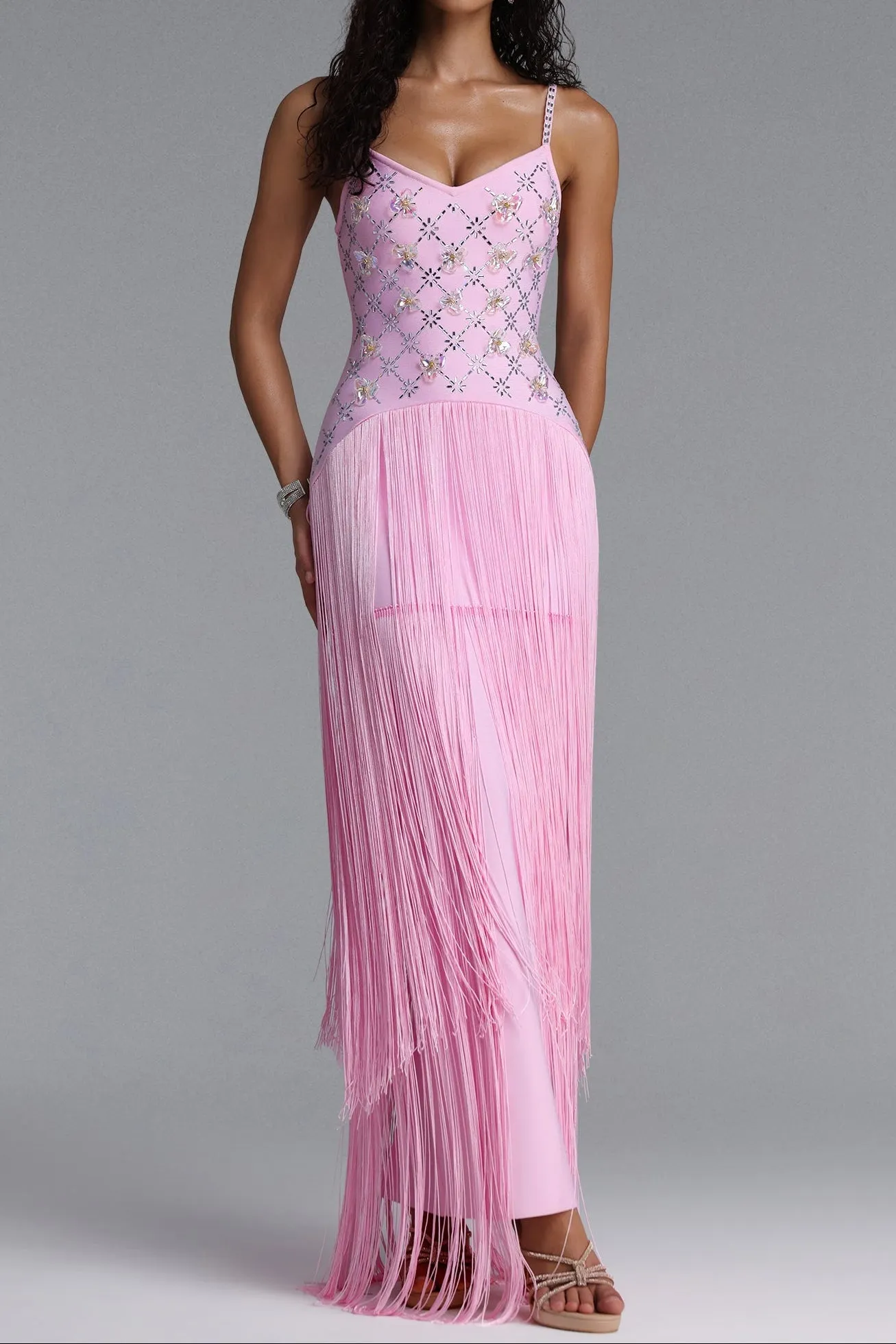 Rhinestone Floral Fringe Spaghetti Strap Maxi Dress