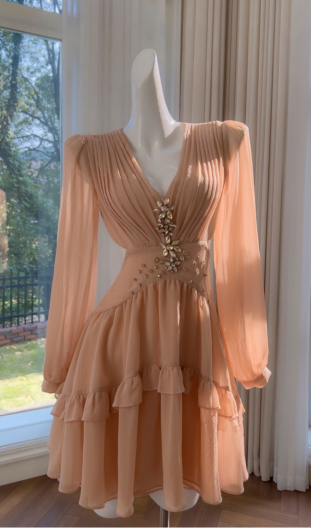 86f5176f8d1057702a64e52c9bed4eac Jessica Champagne Pink Chiffon Rhinestone Embellished Mini Dress