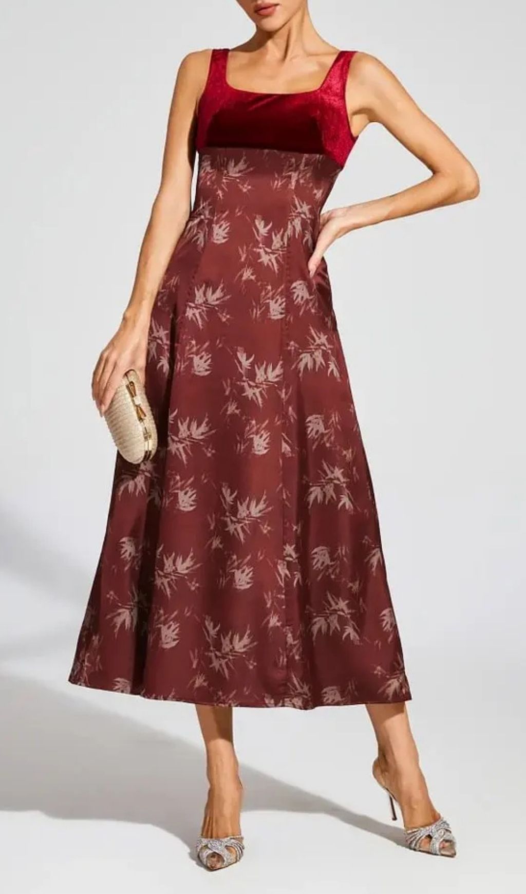 Lucy Retro Square Neck Print Suspender Midi Dress – Burgundy - OWNCI