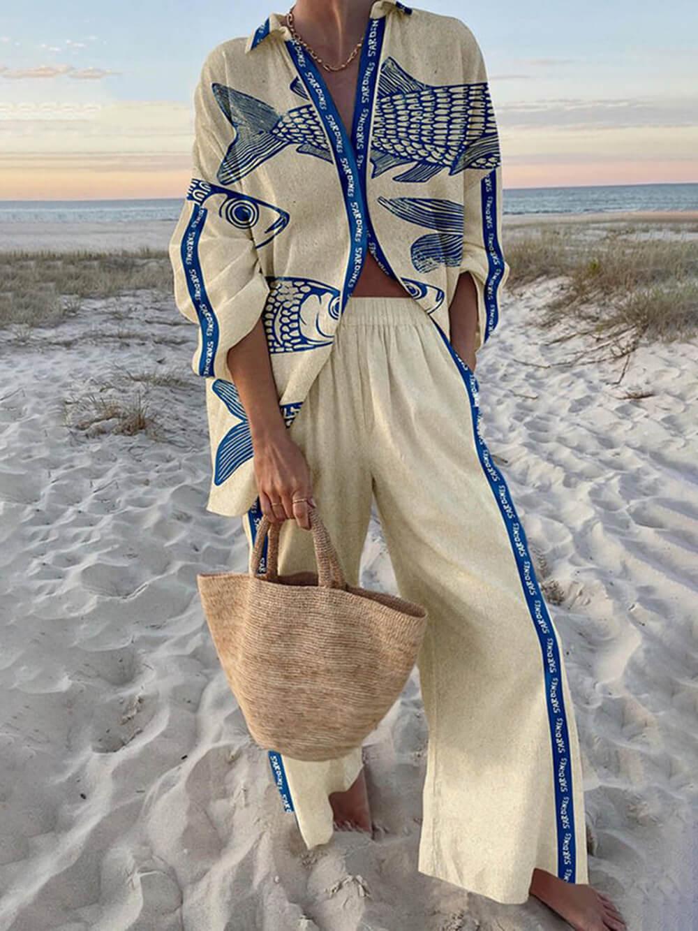 87ff419202ed8061e1eaa45ba97b2e4c Ocean Print Oversized Shirt and Elastic Waist Pocket Pants Set