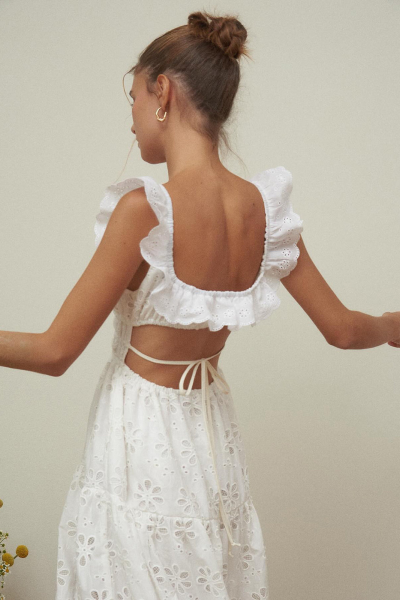 Ruffled Square Neck Embroidered Backless Slit Maxi Dress - White