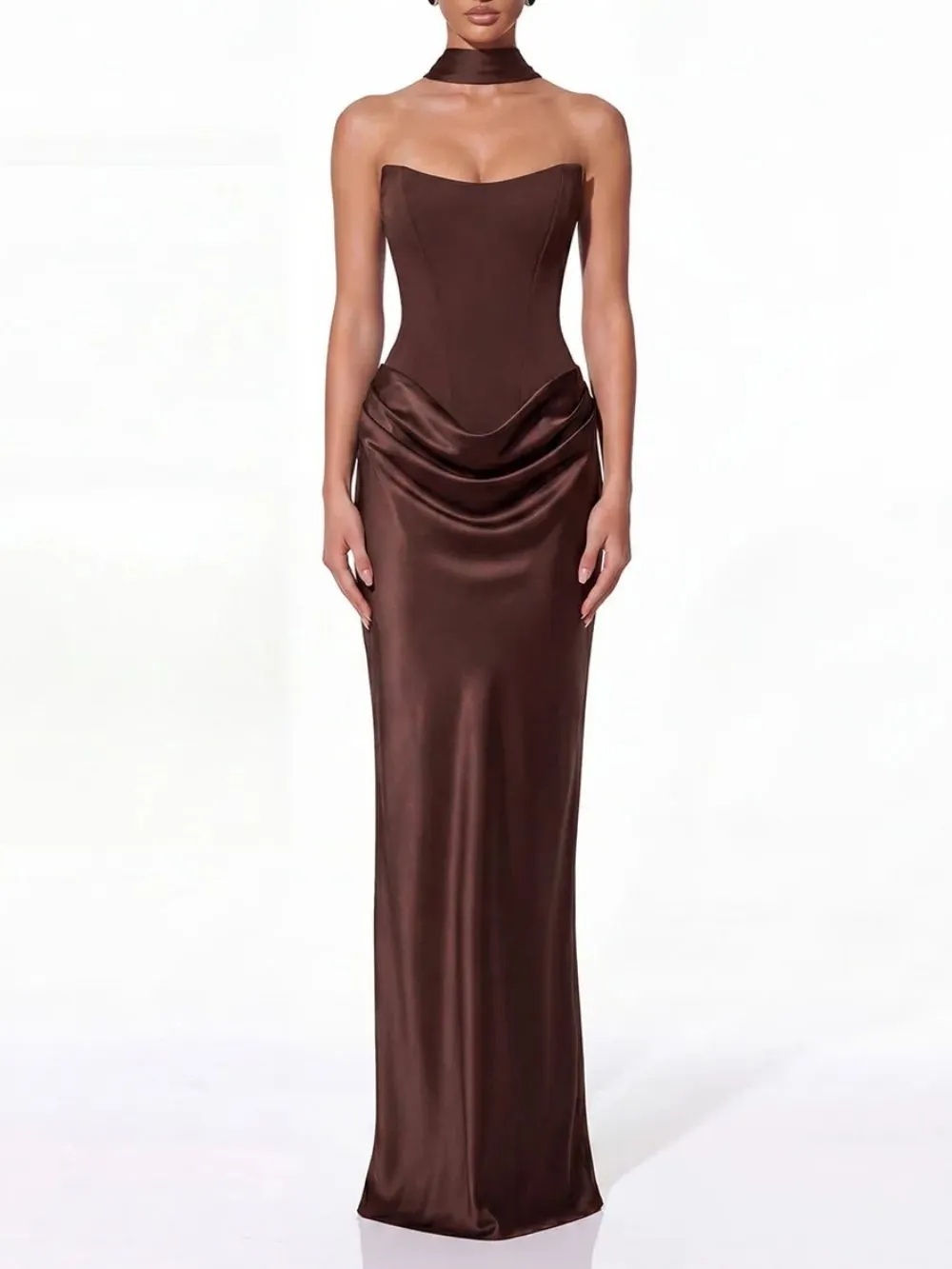 Vallissa Strapless Satin Maxi Dress In Brown