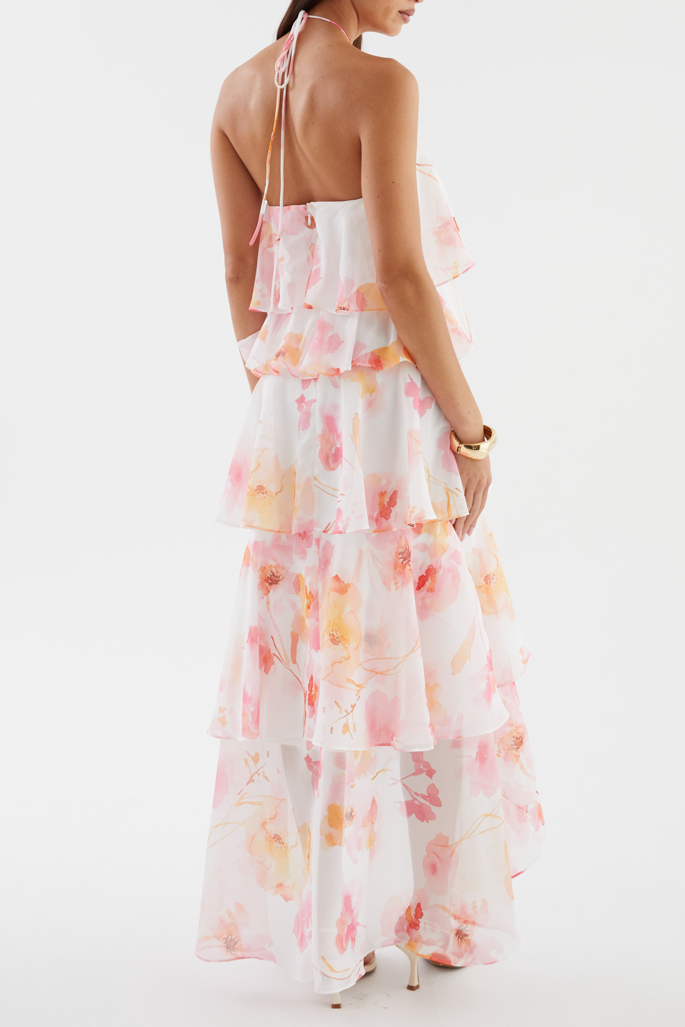 Floral Print Layerhalter Maxi Dress - Pink Floral