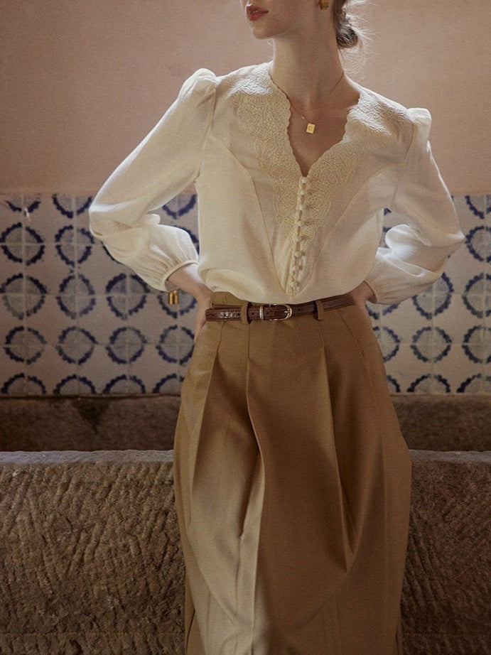 Apricot Embroidered V-Neck French Vintage Chic Shirt