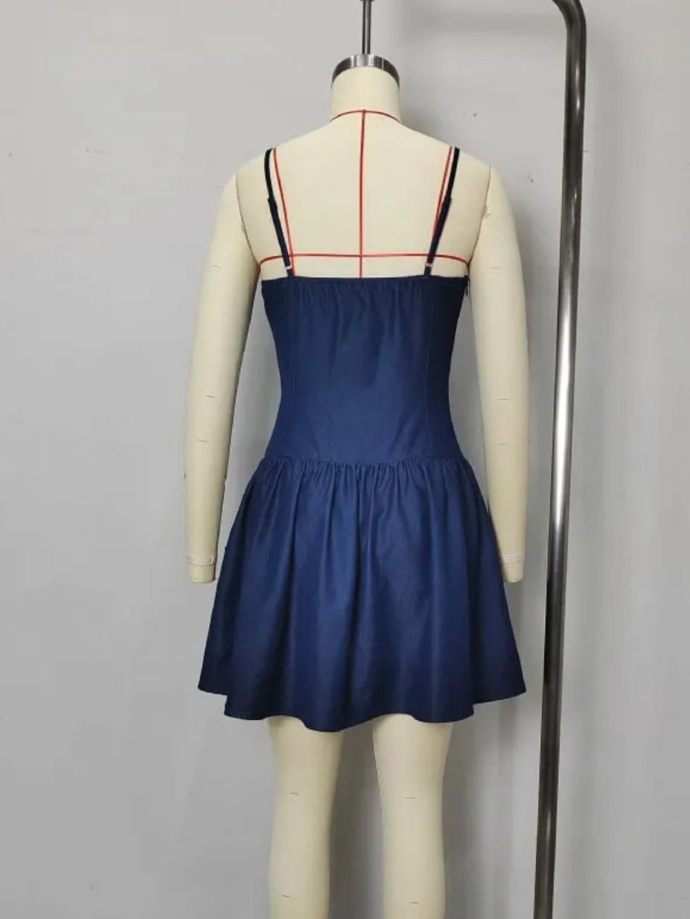89502e177f725f3df03fcec97537d824 Dark Denim Spaghetti Strap Square Neck Button Front Fit And Flare Mini Dress Summer Casual Dress