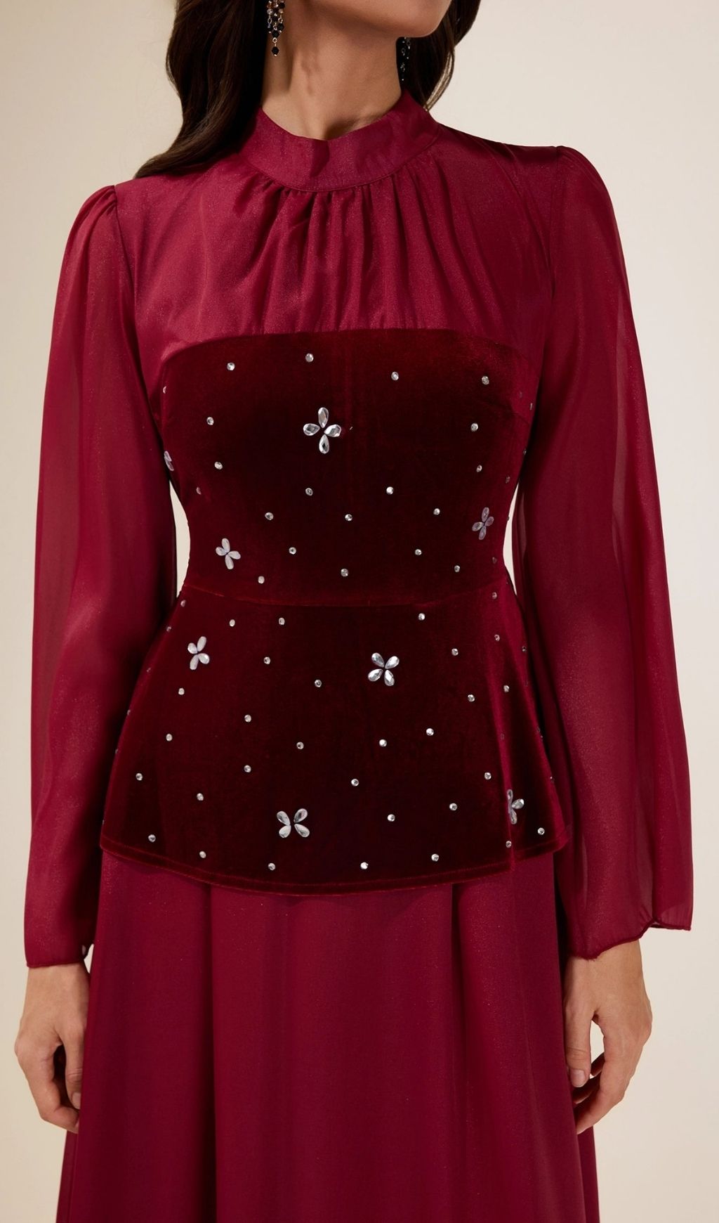 Caroline Rhinestone Velvet Splicing Maxi Dress - Burgundy