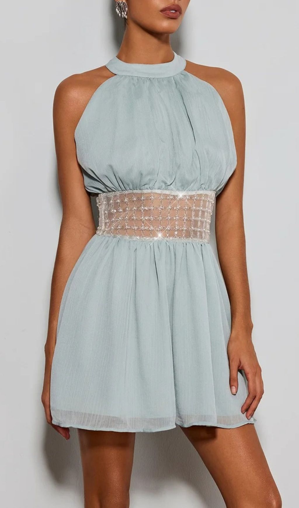 89d8643ca5b481d6fdacb69f8c621b9e Devri Halterneck Sequin Pearl Mini Dress