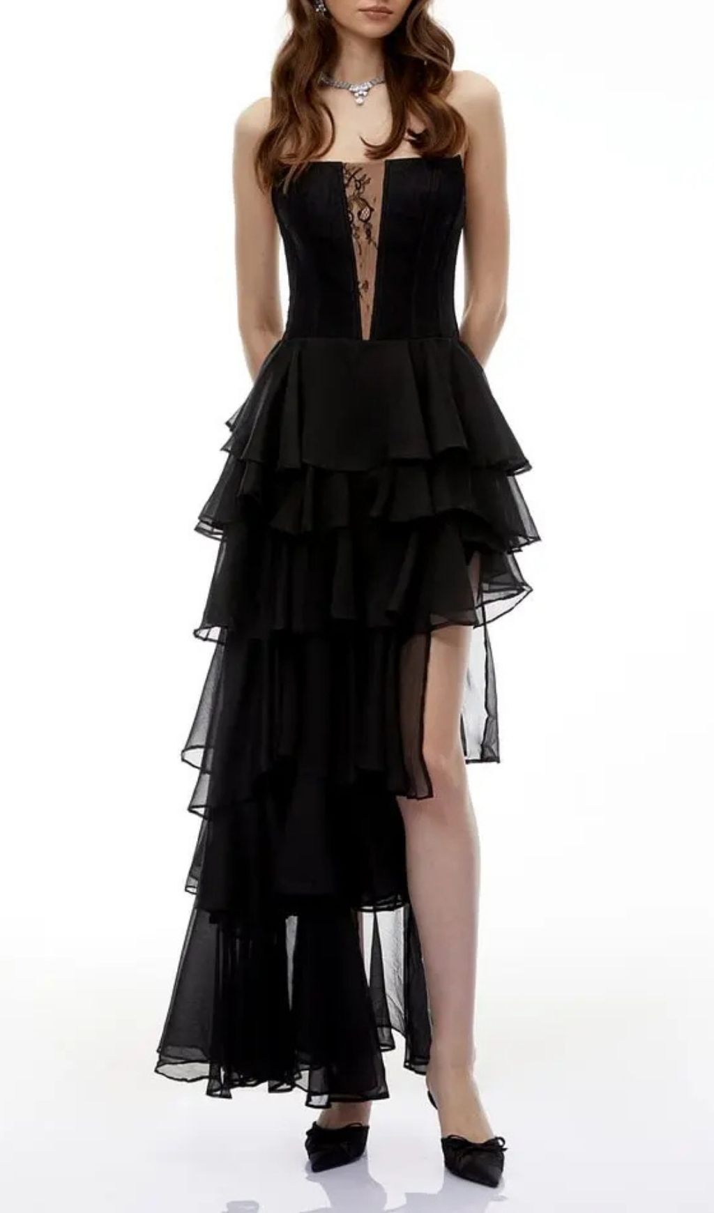 Sophia Cut-Out Tulle Layer Strapless Maxi Dress In Black