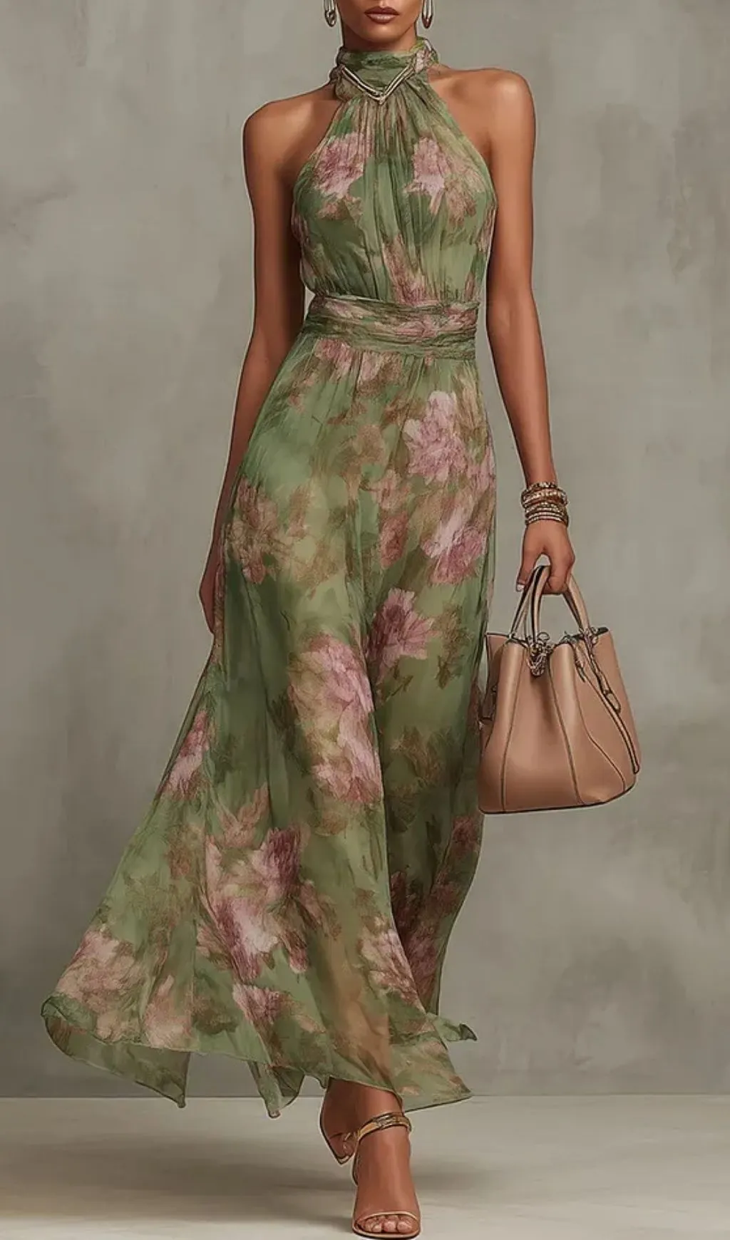Fashionslee Women Green Floral Chiffon Halter Maxi Dress