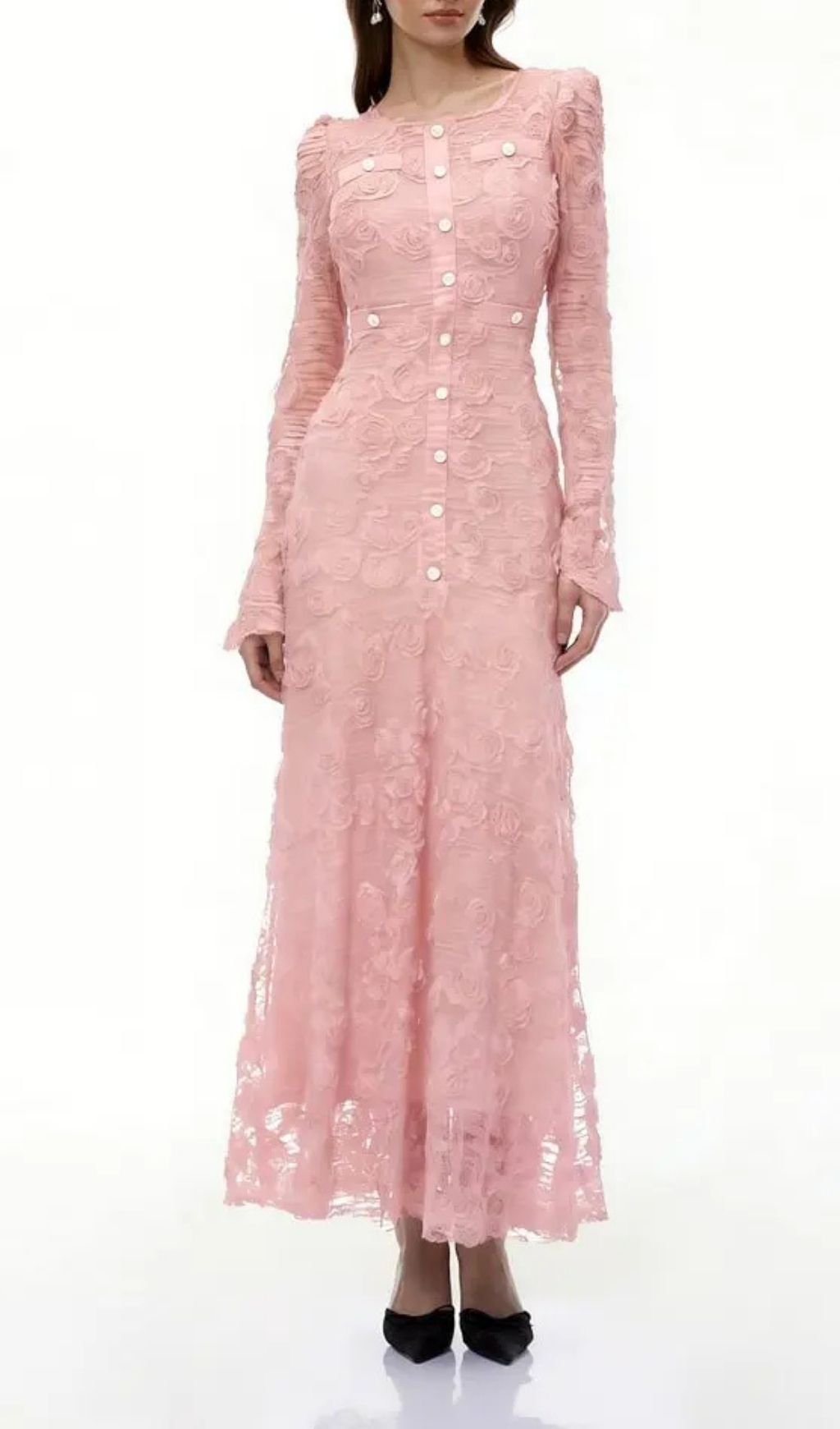 Tracy Pink 3D-Floral Embroidered Lace Maxi Dress