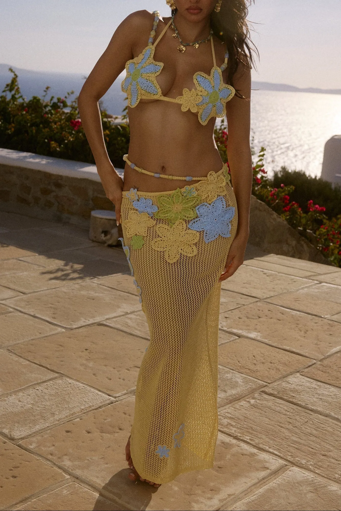 Floral Crochet Maxi Top & Maxi Skirt Set - Yellow