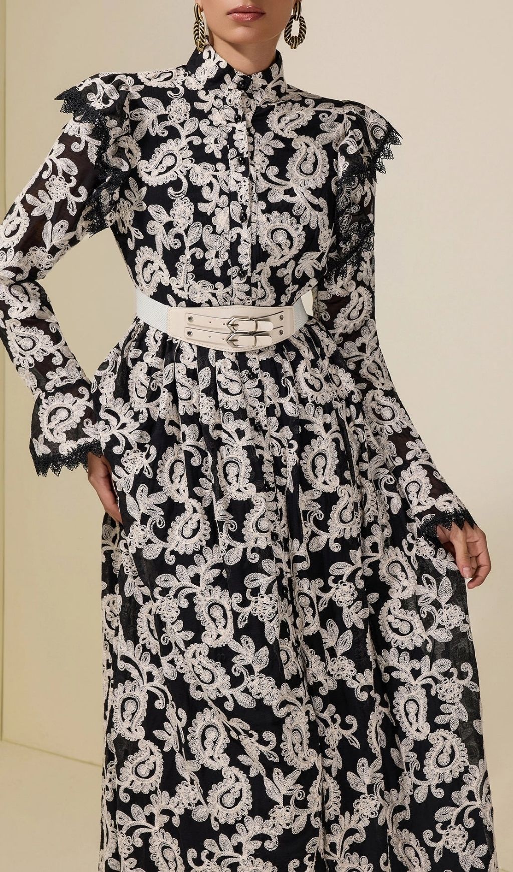 8aba01b1eac7ff87f88d46cd087ad426 Alma Chiffon Embroidered Single Breasted Midi Dress With Belt - Black