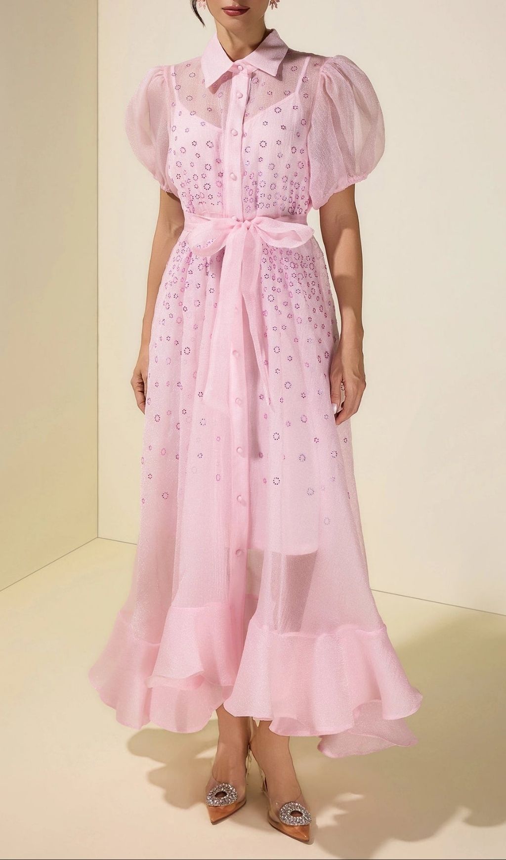 Sylvia Rhinestone Puff Sleeve Maxi Dress With Belt - Pink