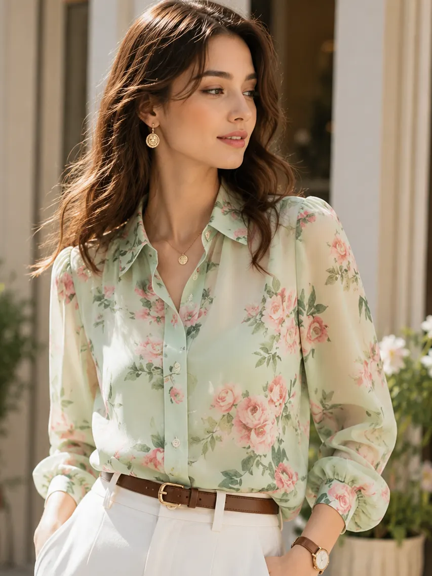Josephine Lapel Floral Printed Chiffon Blouse