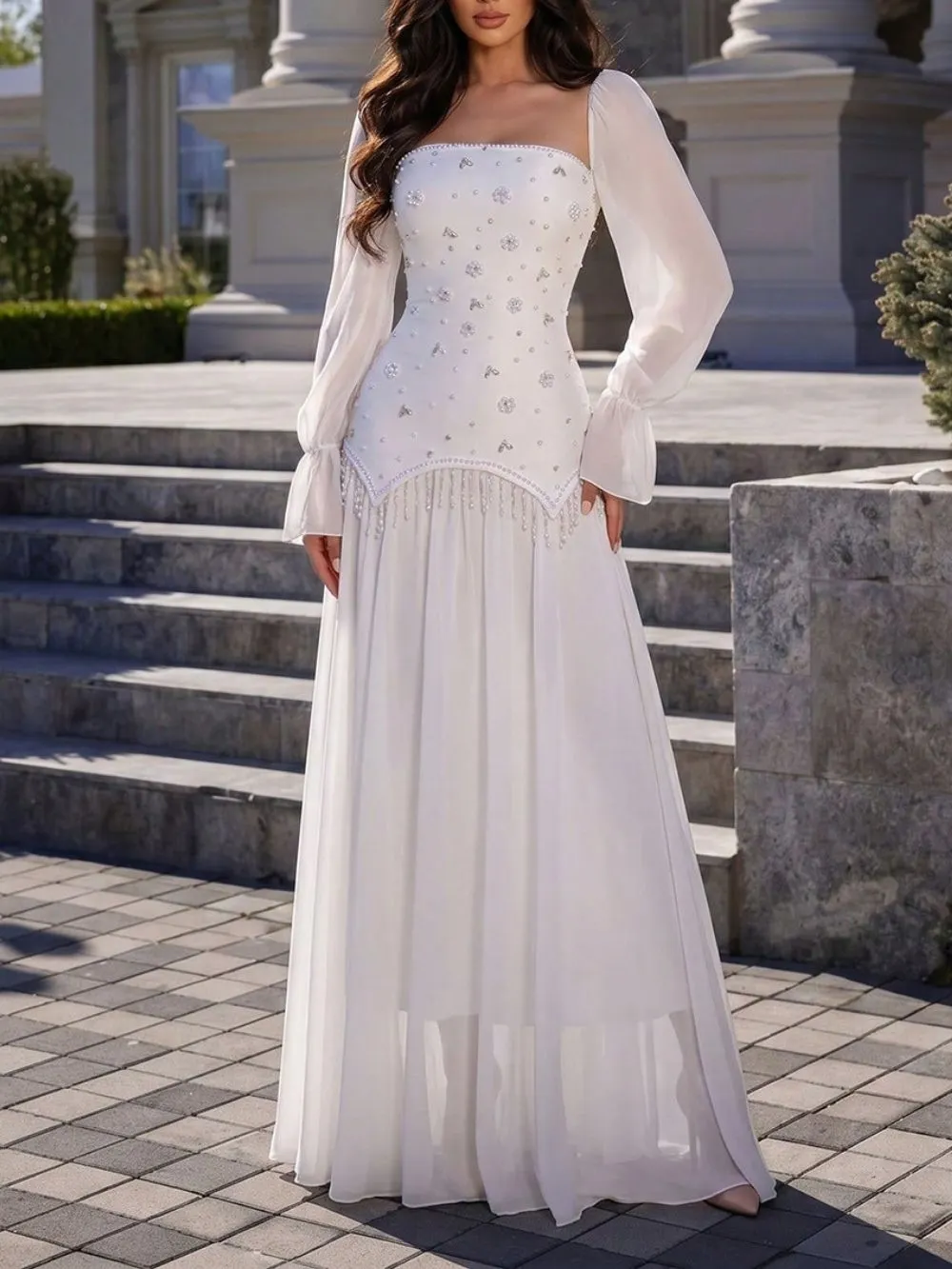 8b1066804836a72cc8579e7ad04729c4 Mamie White Long Sleeve Beaded Maxi Dress