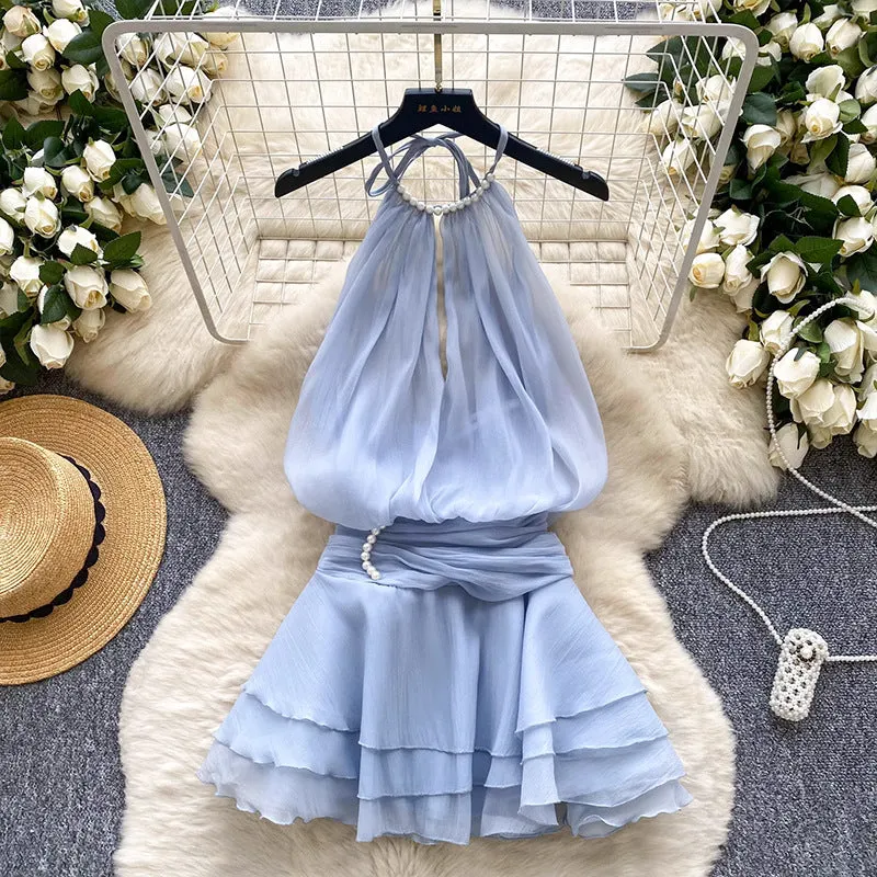 Halter Neck Beaded Mini Dress With Ruffled Chiffon