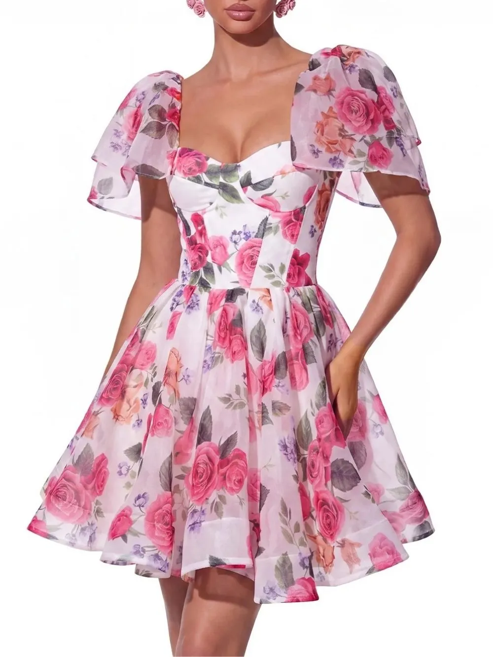 Fern Cape Sleeve Floral Organza Mini Dress