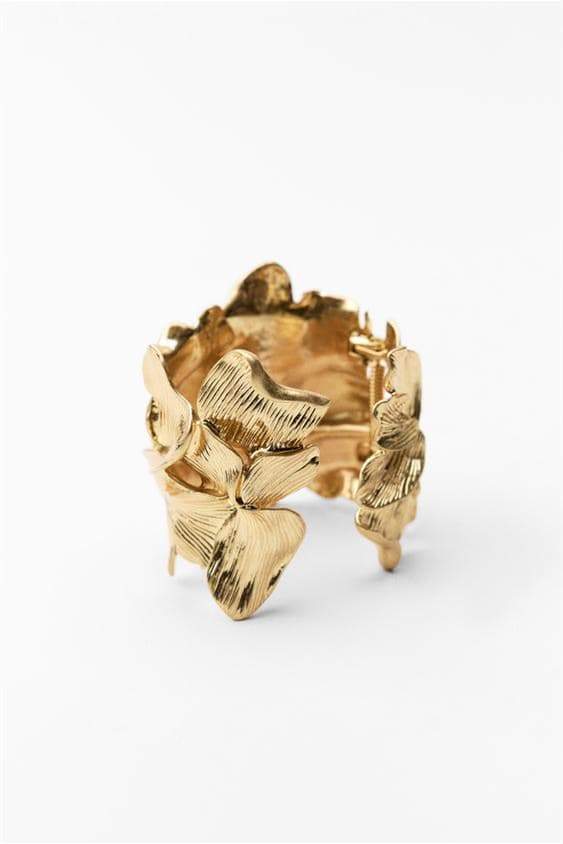3D Textured Floral Wide Open Cuff Gold Bangle