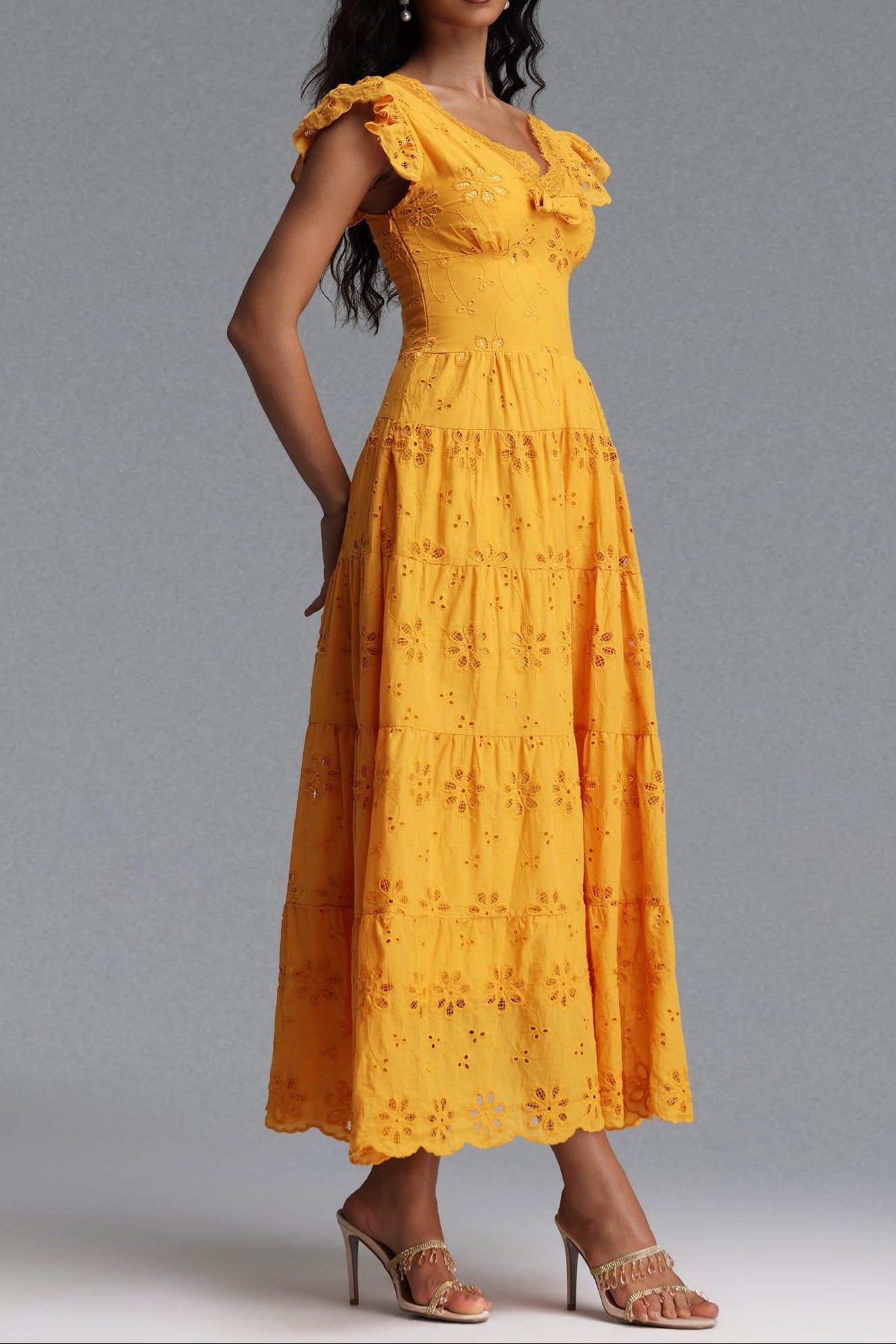 8bcd08214170dcd9f477dab6a3f0d392 Scallop V-Neck Ruffle Sleeve Eyelet Tiered Midi Dress