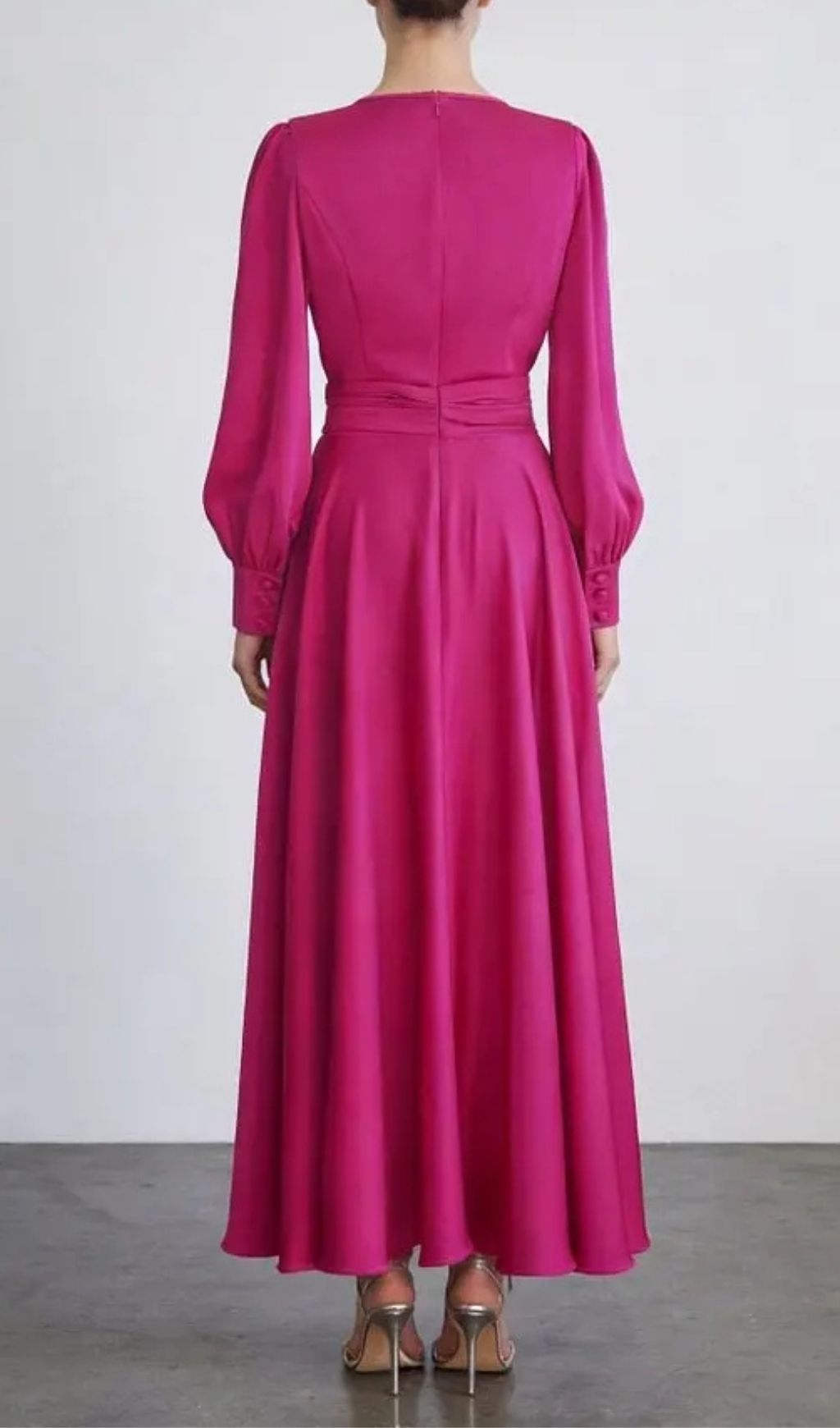 Fuchsia Satin Long Sleeve Maxi Dress With Gathered Waist - OWNCI
