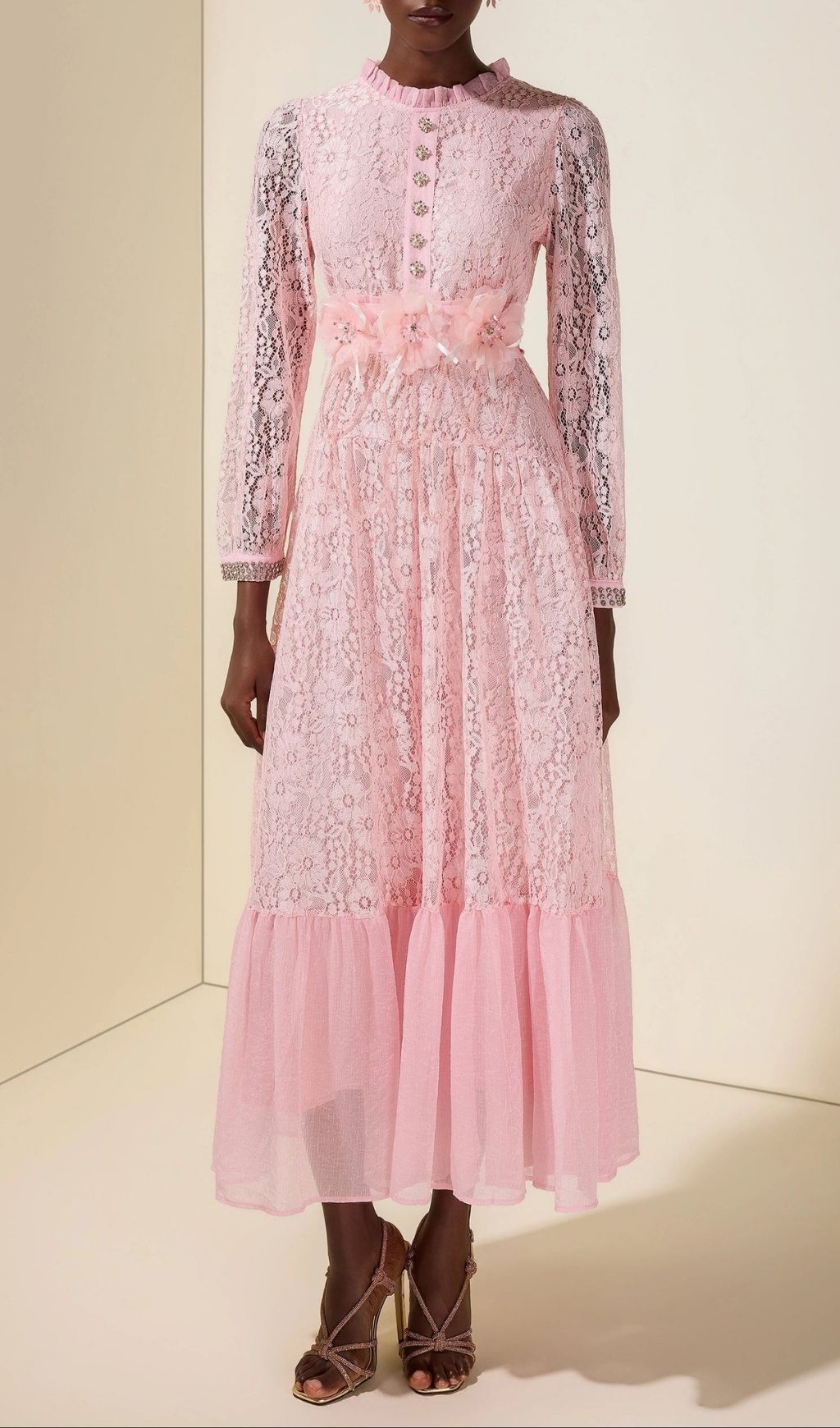 Virginia Lace 3D Flower Rhinestone Rivets Midi Dress - Pink
