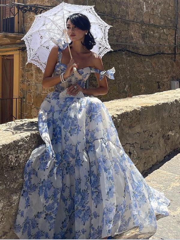 Organza Floral Print Tie Strap Maxi Dress - OWNCI