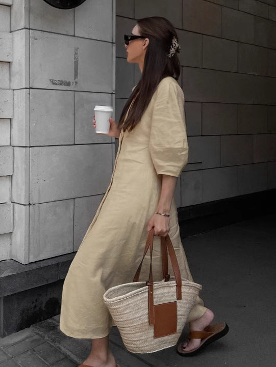 Loose-Fitting Puff Sleeve V-Neck Cotton Linen Midi Dress