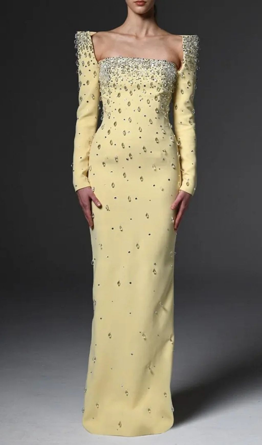 Lynn Square Neck Beaded Rhinestone Maxi Dress - Yellow